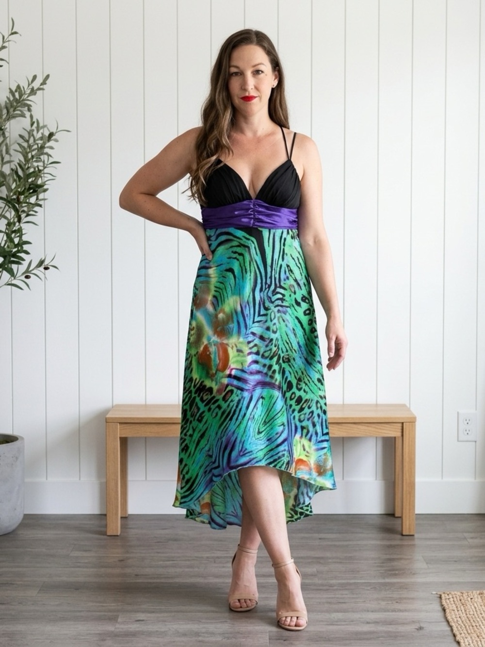 Vintage Y2K Animal Print High-Low Prom Dress XS/S Purple Sash Strappy Backless